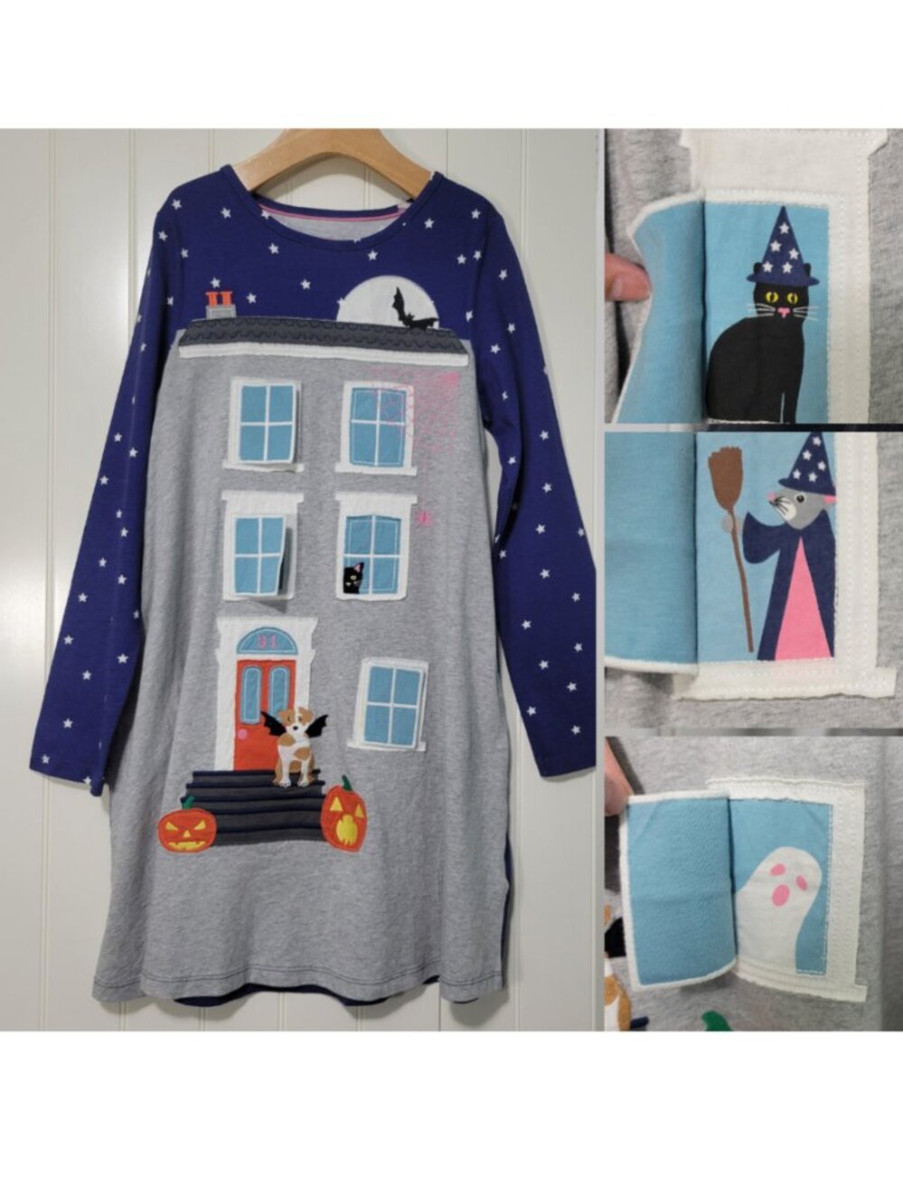 9-10y Mini Boden Spooky Pets Lift-the-Flap Girls Halloween Haunted House Dress
